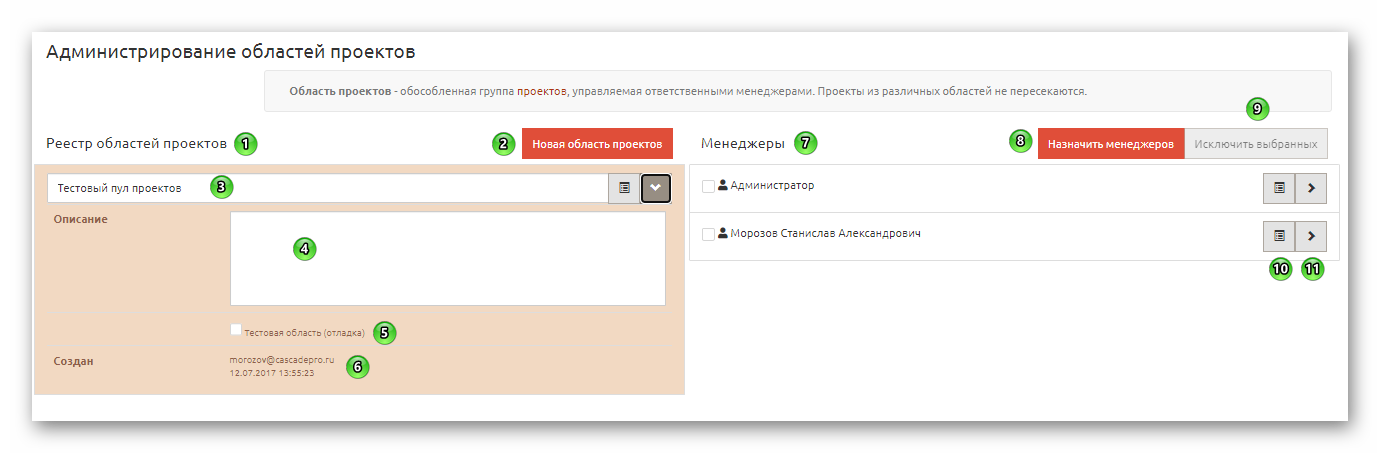 Страница области проектов